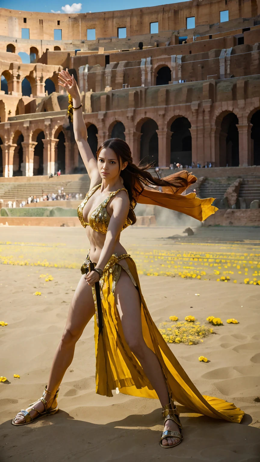 Rebecca stands on the majestic stage of the Colosseum, gracefully wielding her sword. Her armor gleams under the sunlight, reflecting its brilliance like blooming flowers. With each elegant strike, her movements on the sand are as light as a dancer's, infused with the vitality of her skill. Her combat is both gallant and a breathtaking spectacle, akin to an art form in motion within the grandeur of the Colosseum.