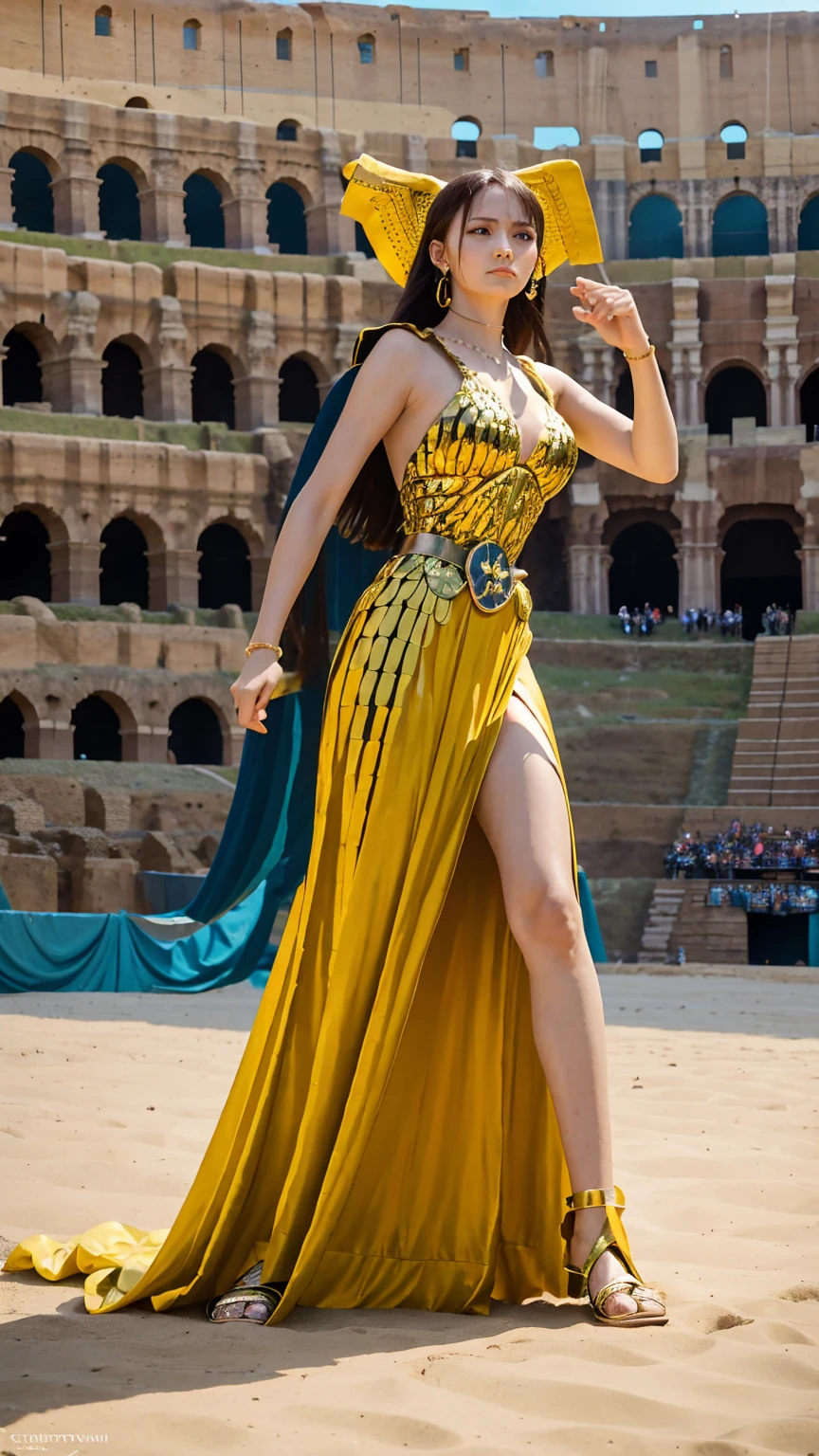 Rebecca stands on the majestic stage of the Colosseum, gracefully wielding her sword. Her armor gleams under the sunlight, reflecting its brilliance like blooming flowers. With each elegant strike, her movements on the sand are as light as a dancer's, infused with the vitality of her skill. Her combat is both gallant and a breathtaking spectacle, akin to an art form in motion within the grandeur of the Colosseum.