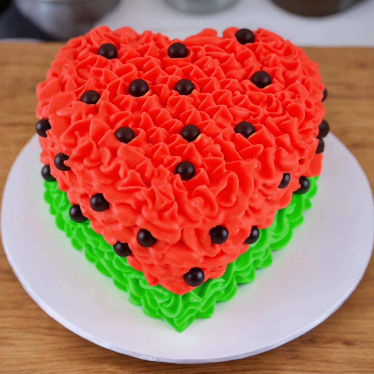 on a wooden table, red and green cream heart cake, star shaped cream, with black plastic beads, Multiple light sources, bright lighting, Realistic style , realistic texture, detailed texture, A high resolution, high quality,