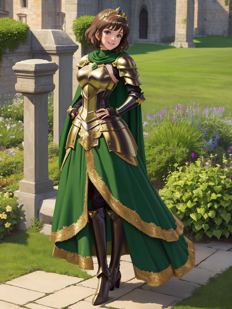 masterpiece, best quality:1.2), 1girl, smile, looking at viewer, green eyes, short brown hair, princess, armor, , pauldrons, armored dress, green cloak cape, wearing puffy blue ballgown skirt, golden tiara with green gem, armored boots, fingerless gloves, standing in medieval garden