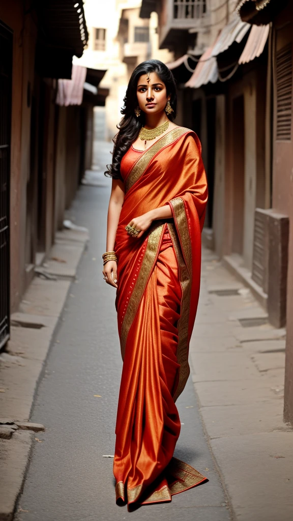 Masterpiece, hd photography, realistic,1woman, young woman,
woman, arab, medium hair long wear sari, indian traditional clothes, upper body, standing, street background
