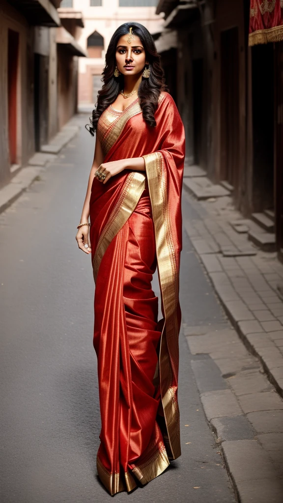 Masterpiece, hd photography, realistic,1woman, young woman,
woman, arab, medium hair long wear sari, indian traditional clothes, upper body, standing, street background