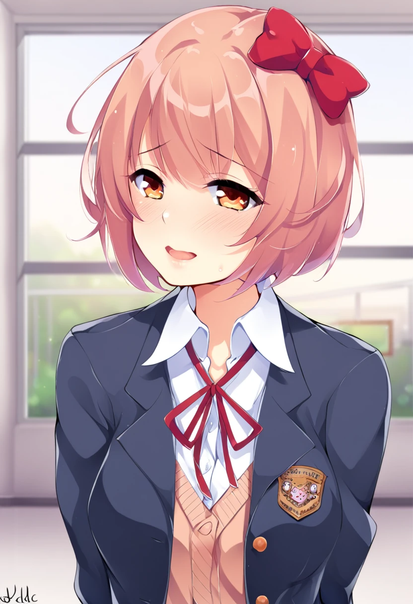 one girl, Sayori, hair bow, short hair, school blazer, DDLC,