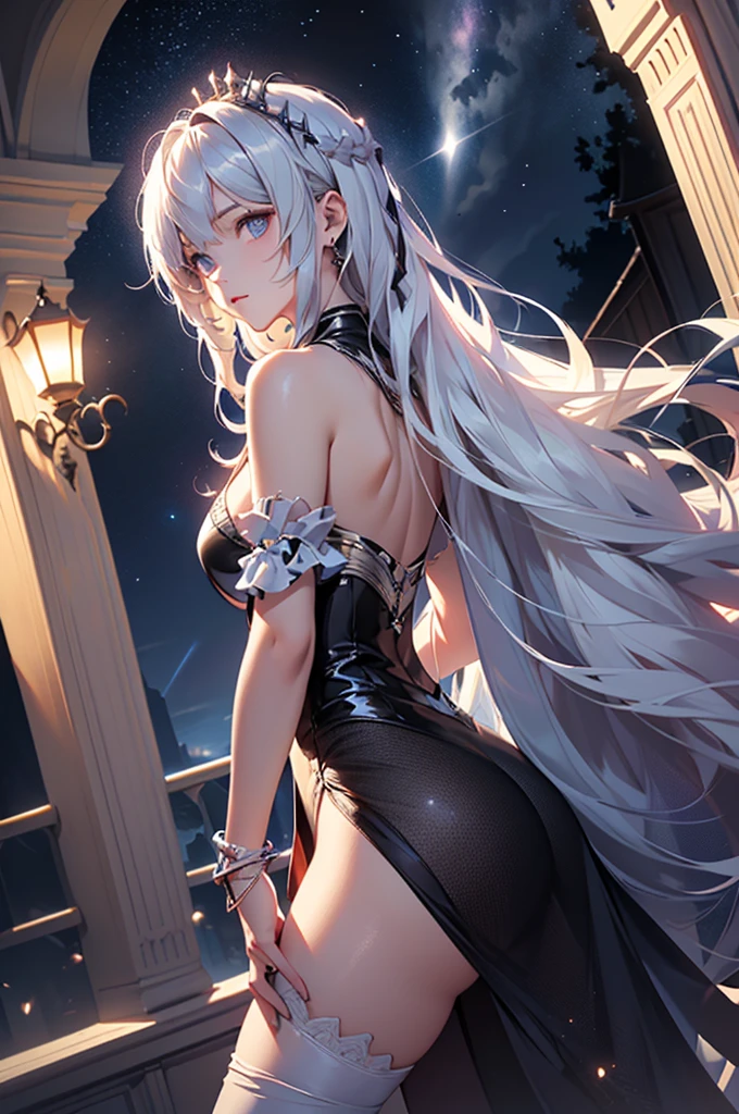 (masterpiece:1.5, Highest quality, Very detailed、 Dutch Angle、Realistic、Fantasy)(One girl, alone)(White and beautiful hair:1.4,,Straight Long Hair)(White based dress, tights、Butt)、((large breasts))(from side)(Beautiful starry sky、Mystical Night、Particles of light float around the woman、Fantasyな空間)Kiana Kaslana