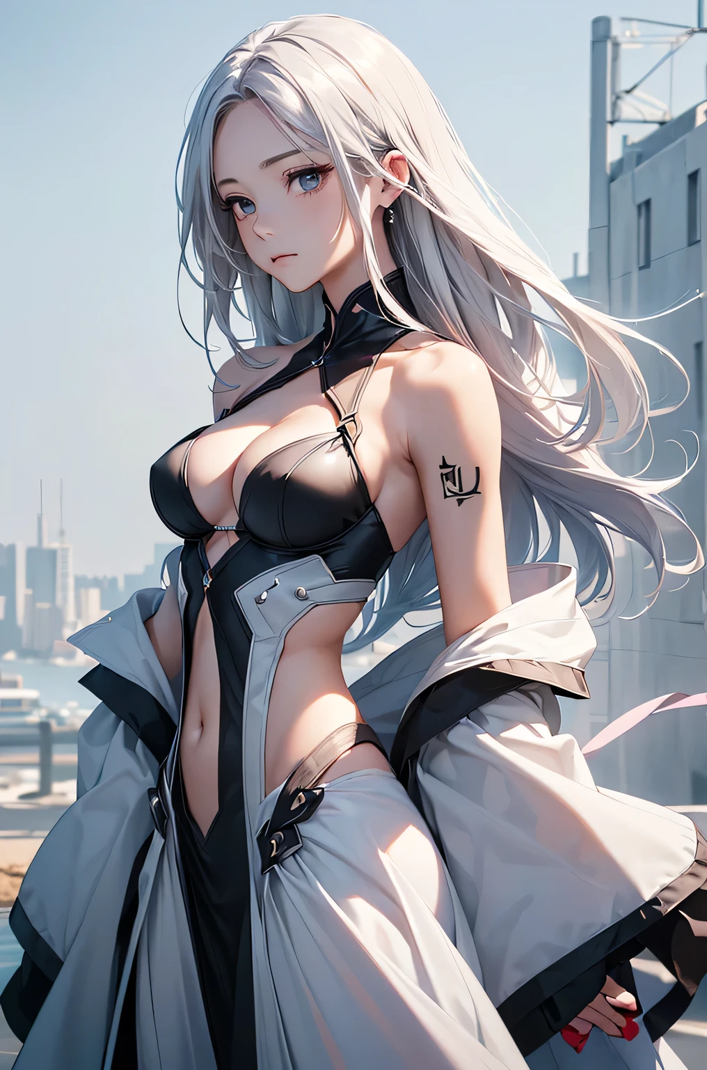 (Image from chest up:1.4)((masterpiece:1.5,Highest quality,Beautiful images、Realistic、2.5D、Artistic、Portraiture))(1girl, solo)(medium breasts, Silver Hair、long hair、Beautiful cleavage、sideboob、Exposing shoulders、Tattoo on shoulder)(Profile Portrait,Gaze sideways、Gaze diagonally、Shake your head、A sad expression, floating hair)(Monotone Abstract Background)((from diagonally forward:1.3)),Landscape,((outfit-inori,Monotone costumes))
