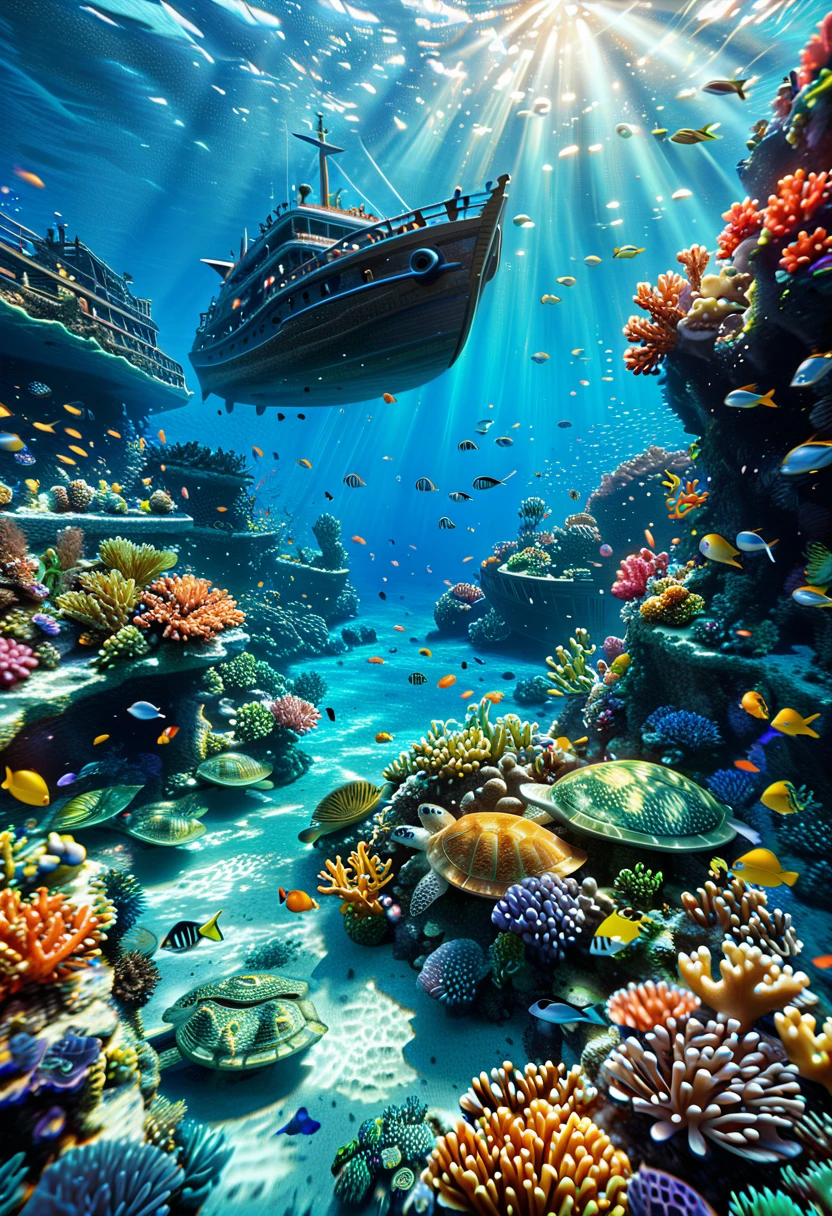 a beautiful detailed underwater scene, 1 mermaid, deep blue ocean water, variety of marine life, coral reefs, sunlight filtering through water, schools of tropical fish, sea turtles swimming gracefully, bioluminescent plankton, coral-encrusted shipwreck, realistic water simulation, stunning 8k resolution, cinematic lighting, vibrant colors, photorealistic, masterpiece, sharp focus, extremely detailed, high definition realistic