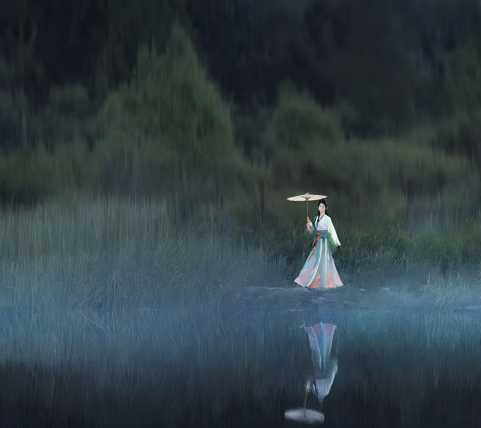 There is a woman in a long skirt holding an umbrella, by Fei Danxu, palace ， Girl wearing Hanfu, She is walking on the river, guardian of the holy lake, by Xia Yong, by Zou Zhe, author：Li Song, author：Zhao Yuan, Yu Zhiding, author：Cold plum, Movie. Leng Jun