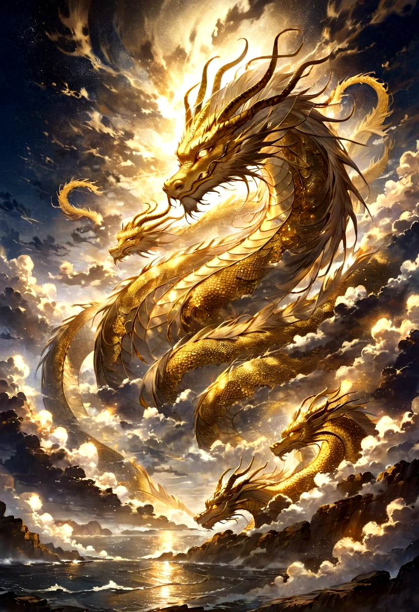 white dragon god, gentle gaze, fantastic background, moonlight background, sea of clouds background, golden splashes, mysterious, divine light, mythical creature, traditional Chinese dragon, myth, speckled light, hazy haze, mysterious aura, masterpiece, fantastic, elegant dragon, good fortune, fantasy art