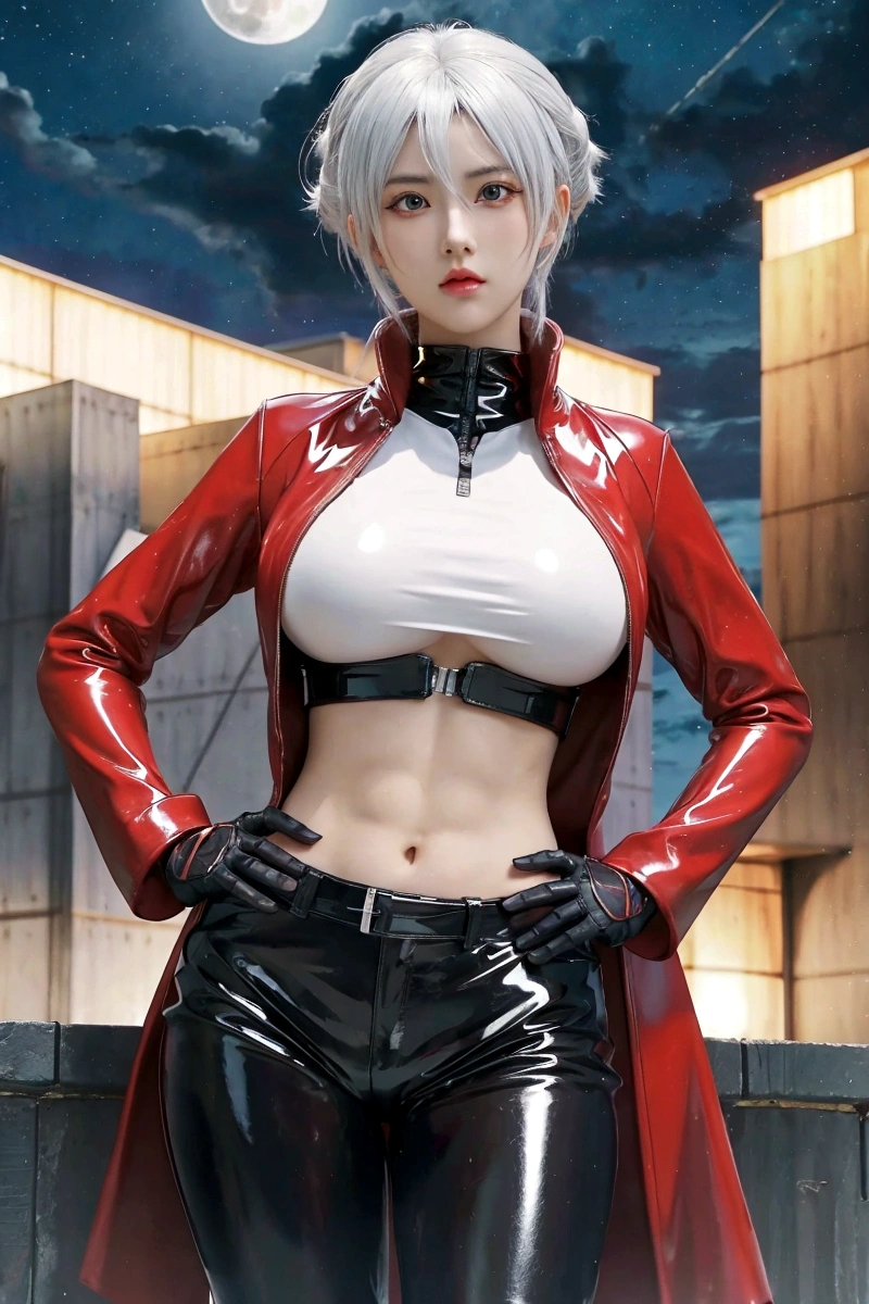 anime girl in latex outfit posing for a picture in front of a full moon, badass anime 8 k, v from devil may cry, female protagonist 👀 :8, 2b, 2 b, portrait of a female anime hero, character from king of fighters, best anime 4k konachan wallpaper, badass pose, highly detailed exquisite fanart, huge breasts, six pack abs, muscles