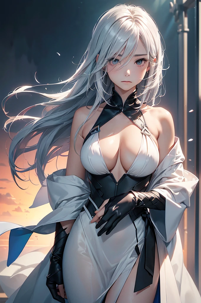 (Image from chest up:1.4)((masterpiece:1.5,Highest quality,Beautiful images、Realistic、2.5D、Artistic、Portraiture))(1girl, 独奏)(medium breasts, Silver Hair、long hair、Beautiful cleavage、sideboob、Exposing shoulders、Tattoo on shoulder)(横顔のPortraiture,Gaze sideways、Gaze diagonally、Shake your head、A sad expression, floating hair)(Monotone Abstract Background)((from diagonally forward:1.3)),Landscape,((outfit-inori,Monotone costumes))
