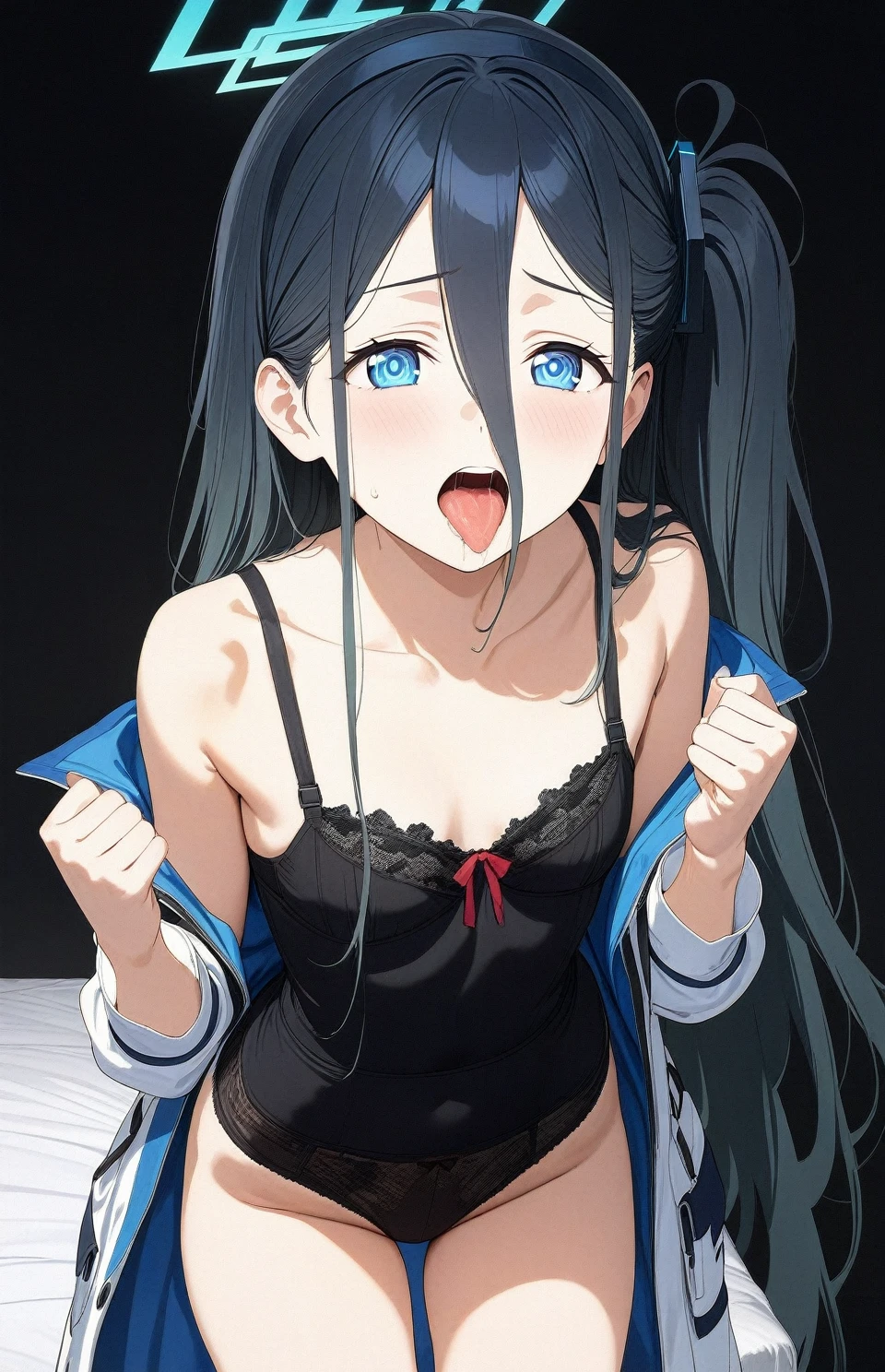 best quality, amazing quality, very aesthetic, absurdres, 1girl, aris (blue archive), blue archive, blue eyes, bra, panties, (artist official art:1.5), (realistic face), (narrowed eyes), (cowboy shot), (mouth, tongue, saliva, bed, tongue out), concept art, expressive eyes, perfect face, 4k, extremely detailed anime illustration, extremely detailed eyes, enhanced details, perfect anatomy, light rays, photo background, extremely delicate body, smooth skin, feminine expression, black background, black background, cristal clear eyes, beautiful face,