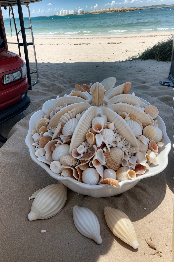 there is a corsa classic white taxi parked on the beach with shells all over it, shells, seashells, shells and barnacles, flat wastelands, beautiful high resolution, 1 6 x 1 6, Casa de shells marinas, has a duration, slightly blurred, pearls and shells, a comprehensive and comprehensive plan, concha, exclusive, Wide medium shot, In a beach setting in autumn