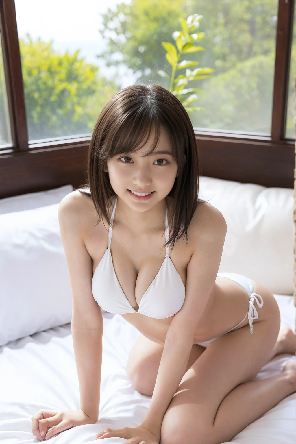 High resolution、8K、In detail、beautiful girl、(White Bikini:1.5)、Bed with white sheets、Raise your legs high and up:1.5 、Leg spread、Lie face up on the bed、Black medium-long hair、Big tits and slender、Happy expression、Beautiful moist eyes、Open your mouth a little、Thin waist、Slender body、(((10 year old girl:1.5))) 、、
