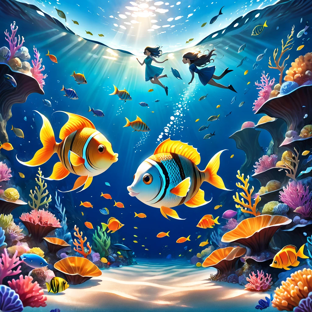 A cute fish couple on a date in the depths of the sea, ocean life, fantasy,children's storybook illustration,vibrant colors,soft lighting,whimsical,highly detailed,digital art,concept art,4k,8k,photorealistic,masterpiece,ultra-detailed