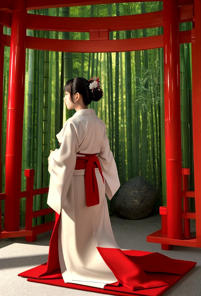 "Hyper-realistic, most beautiful cinematic and realistic character, ultra-detailed and intricate 3D rendering, vibrant details. A Japanese Shinto altar, Japanese woman in a white and red kimono, facing away, bowing down, head lowered to the altar. Dim bamboo forest, light shining only on the altar, five orbs of light floating around the woman."