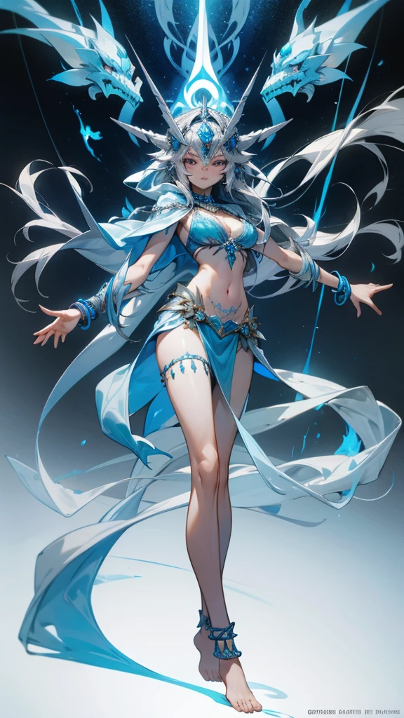 Beautiful girl with long gray hair and blue skin,headgear,Bracelet,anklet,Indian Goddess,six arms,White top,cleavage,Bare waist,Tattoo,Hood cloth,Bare Legs,barefoot,Standing,blue flame