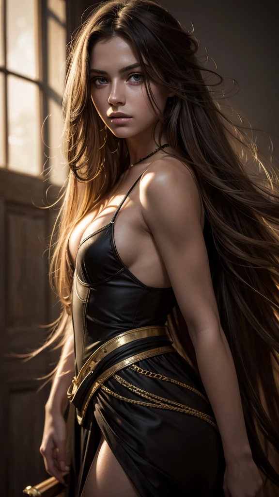 best qualityer, Masterpiece artwork, (photorrealistic: 1.4), raw-photo, 1girl, long hair, HAIR GOLD, detailed eyes and face, dynamic lighting, in dark, deep shadow, inconspicuous, full body shot