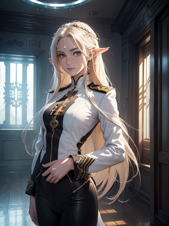 masterpiece, Highest quality, Highly detailed CG Unity 8k wallpaper,((whole body)), ((Bedroom in the spaceship)), (Long pointy ears), (Elegant long wavy platinum blonde hair), (toned and slender body), ((Average Chest Circumference, Self-illuminating skin)), (((A revealing white-on-black military uniform))), (Geometric Circlet), (Sweaty, wet white skin), (blush), (Captivating smile), (so beautiful, Symmetrical face), Fine grain, Key Art, Awards, intricate detail realism hdr, Photorealism, Hyperrealism, Ultra-realistic, Dramatic Light, Strong Shadows, Nice views, Written boundary depth