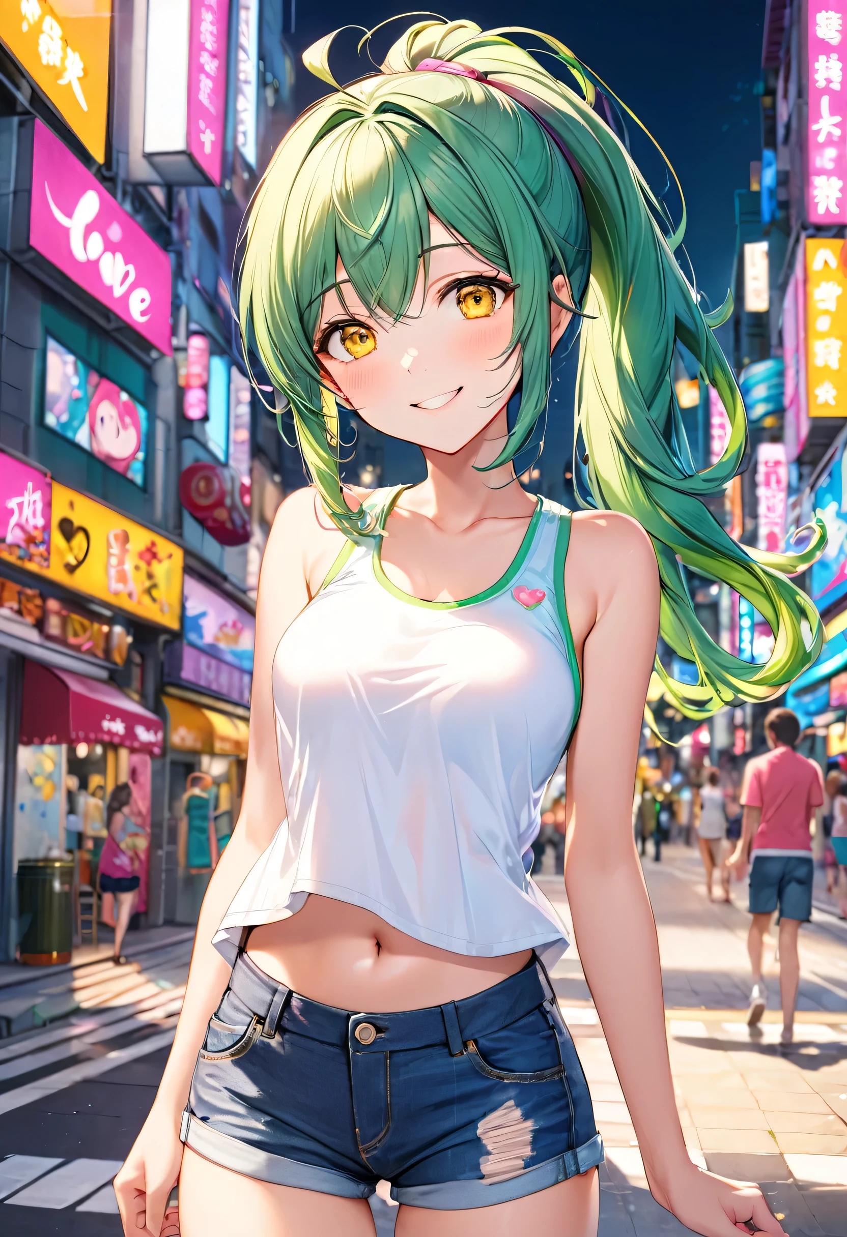 (pink style) (in a cute Tank top, Hot pants), (solo:2, 15 yo, ponytail green hair long hair lovely girl, cute yellow eyes, love smile, medium tits), in the pop city, BREAK, perfect anatomy, masterpiece, best quality, 16k, beautiful detailed grow, daydreaming expression.