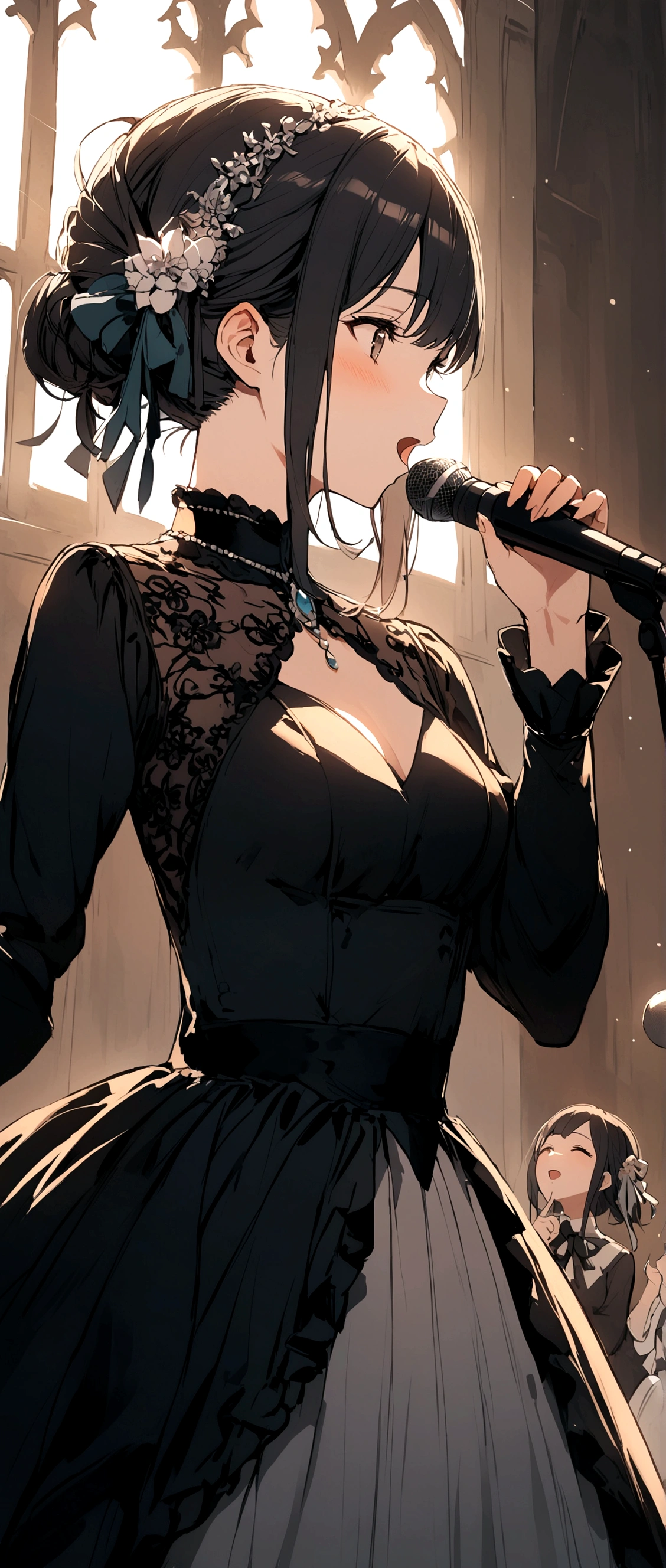 Black Hair、long、Ribbon hair ornament on the right、singing、Girl