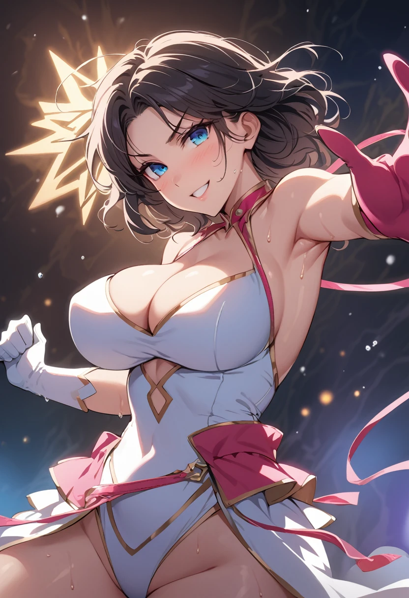 Ultra-high resolution, 1 Girl, 18-year-old, (Idols:1.4), (Famous actresses :1.4), (Beautiful detailed face:1), 1 Girl:1, 18-year-old, Cinematic Light, ,Mood lighting, (((Perfect Anatomy:1.10))), (Finely detailed face:1.2), (Representative works:1.5), (Best Quality:1.2), Looking at the Viewer, Lipstick, V-shaped eyebrows, V Line Jaw, ((Prevents clothing from biting into the skin)), Sexually suggestive faces, (The background is blurred), Glossy texture, Strong winds:1.3, (Long black hair in the wind:1.3), (Blue Eyes:1.3), (Perfect Face:1.4), (Beautiful detailed eyes), ((Shiny skin:1.2)), (Extremely smooth expressed skin), ((Sweaty skin:1.3)), White Skin, Slender, Narrow nose, (Narrow waist:1), (Almond Eyes:1), Sharp Eyes, (Bewitching Smile:1.2), (Big Tits Same:1.3), There is cleavage in the chest, Bangs,Head tilt, Lean your body forward, Light makeup, Small Ass, Wrestling match venue, ((Sexy Sparkly Wrestling Costumes:1.3)), (Sexy snow white wrestling costume:1.3), (( Intricate white and pink wrestling costumes:1.3)), (Patent leather long wrestling boots), Thimble Skin Gloves, ((Dynamic fighting poses)), ((Low - Angle)),