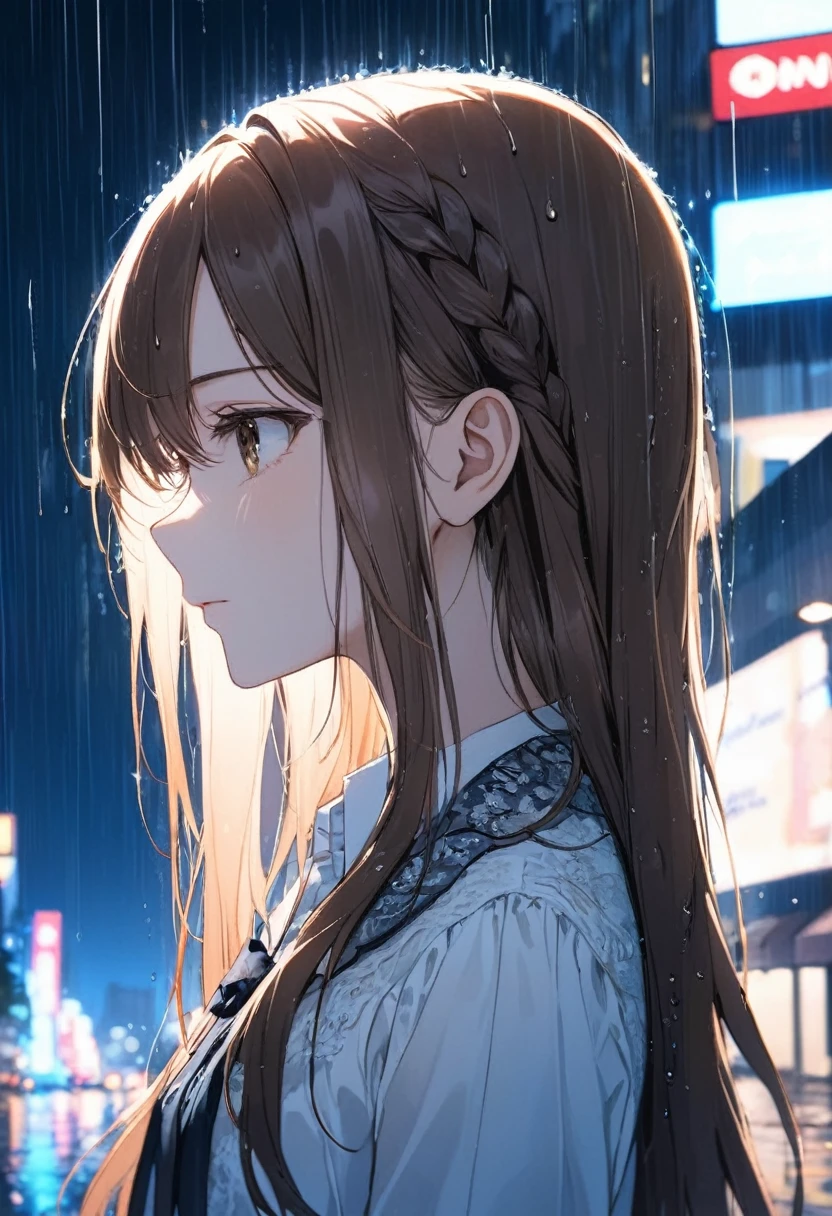 One Girl, profile, Look to the side, Written boundary depth, Long Hair, French Braid, Straight hair, Portraiture, Modern city, blouse, Brown Hair, look up, rain, raindrop, Lens flare, rainの夜空、eyeliner, eye shadow, masterpiece, Highest quality、Dark Background