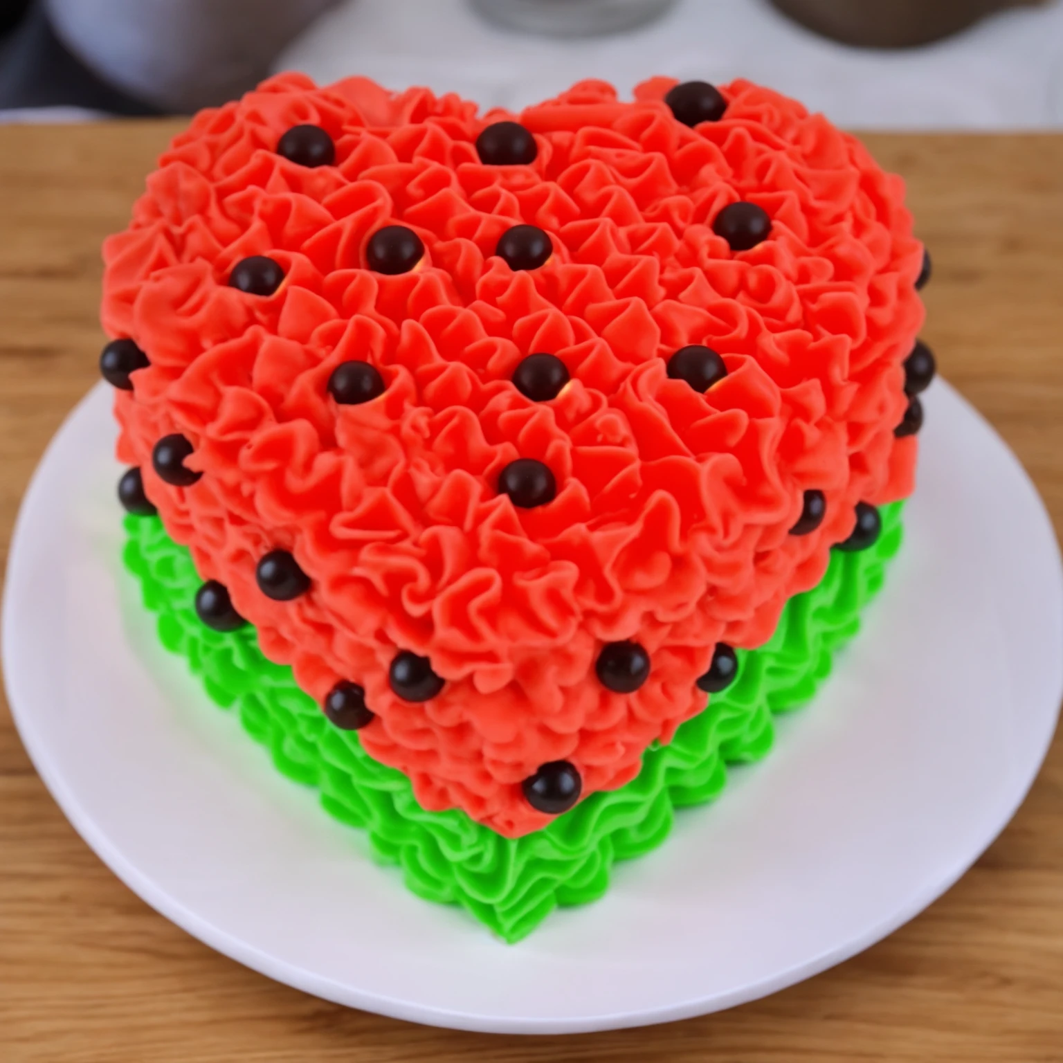 on a wooden table, red and green cream heart cake, star shaped cream, with black plastic beads, Multiple light sources, bright lighting, Realistic style , realistic texture, detailed texture, A high resolution, high quality,