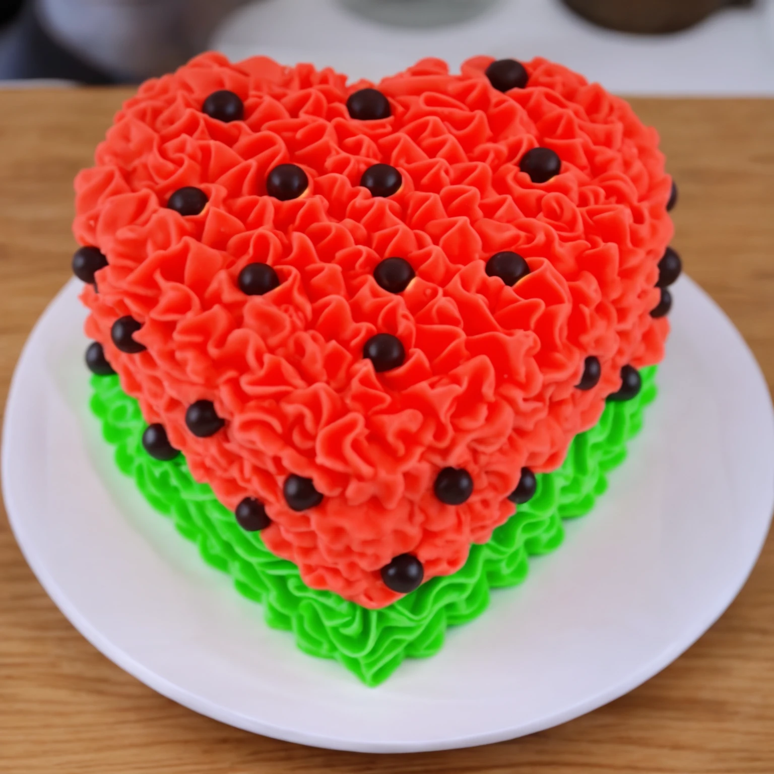 on a wooden table, red and green cream heart cake, star shaped cream, with black plastic beads, Multiple light sources, bright lighting, Realistic style , realistic texture, detailed texture, A high resolution, high quality,