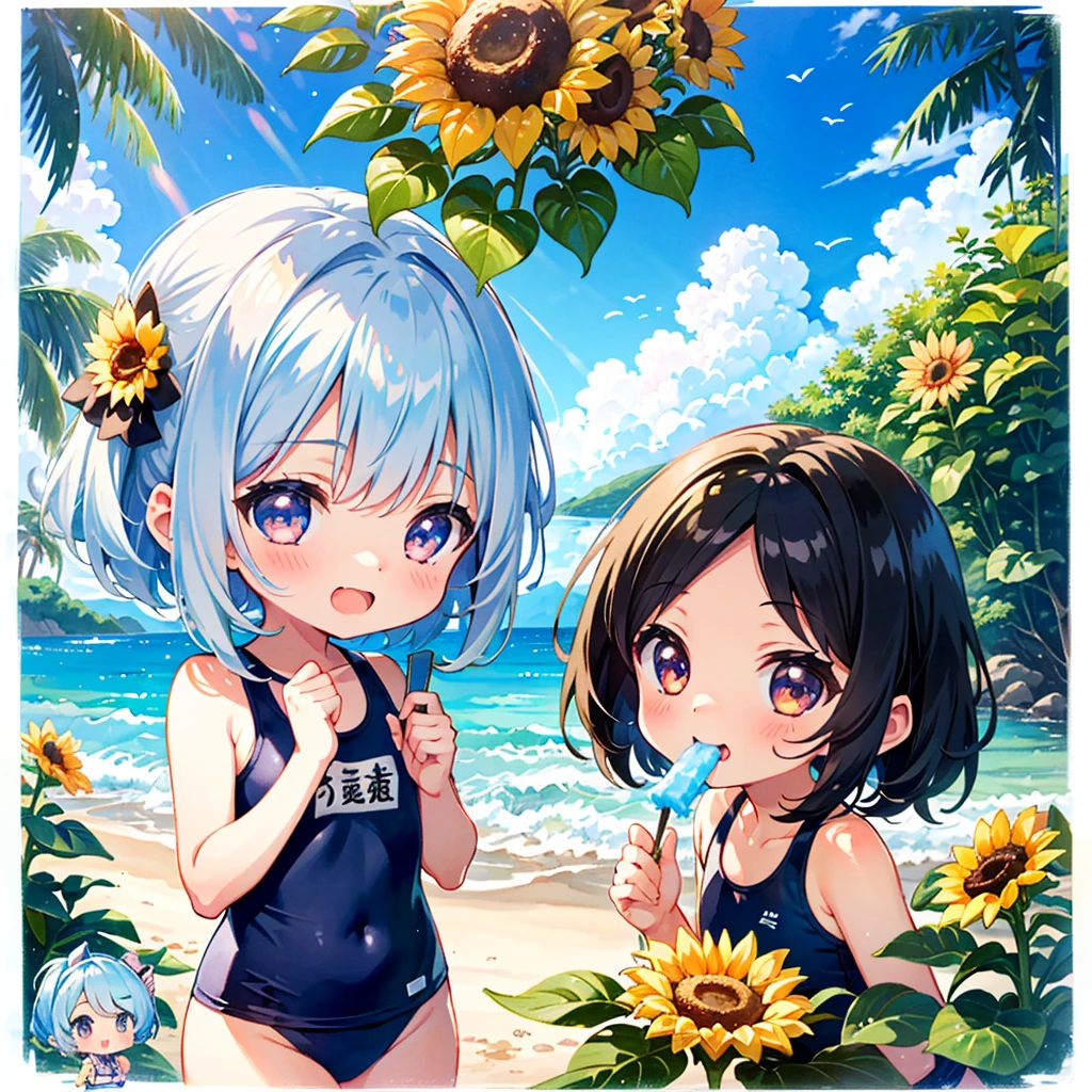 (trio: 1.3), (3 girls: 1.3), (chibi:1.5), summer beach, bright sun, colorful school swimsuit, eating shaved ice together, pouring, laughing, kawaii, comical, sunflower, pose, bright sun in the background, BREAK, eating shaved ice, ocean, watercolor, retouching, pastel colors, high quality, masterpiece,long shot,A slightly distant view、Swimming mini pigs、Mini pig climbing a tree、