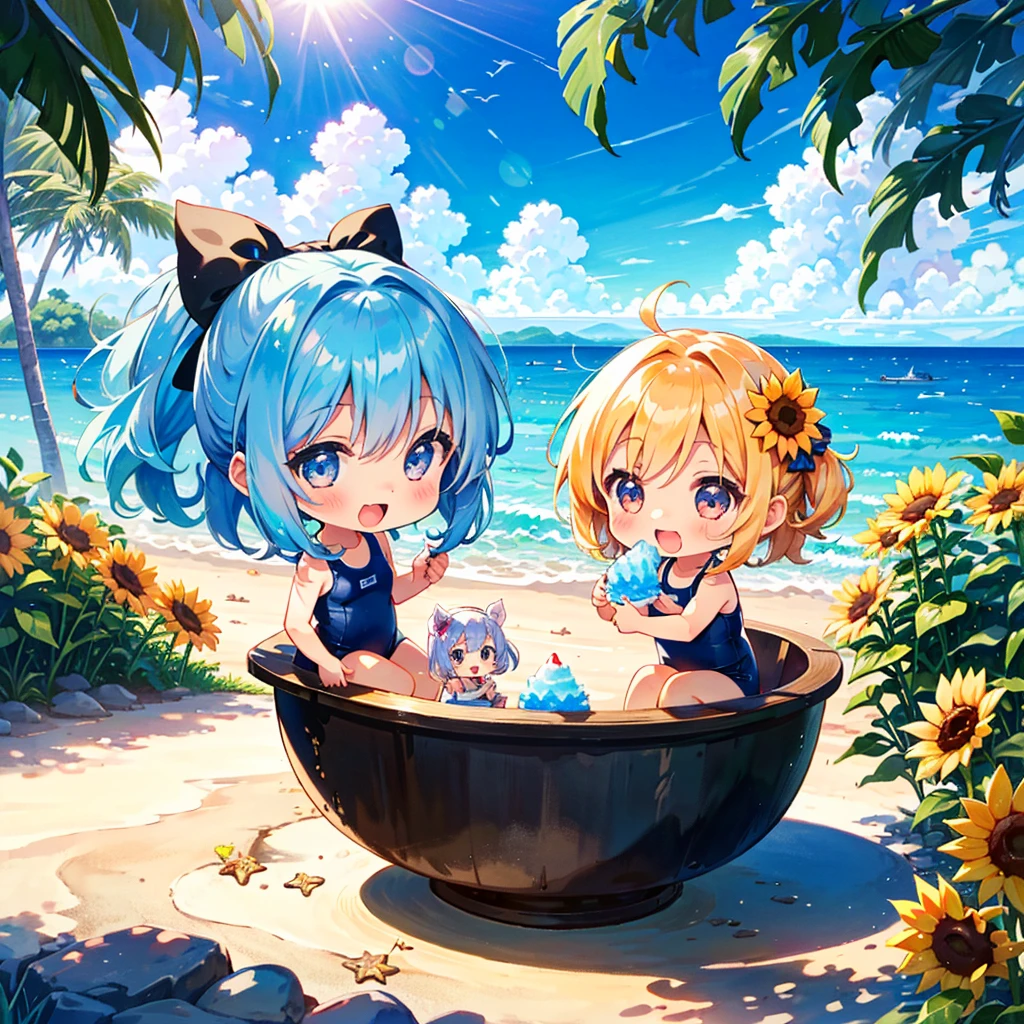 (trio: 1.3), (3 girls: 1.3), (chibi:1.5), summer beach, bright sun, colorful school swimsuit, eating shaved ice together, pouring, laughing, kawaii, comical, sunflower, pose, bright sun in the background, BREAK, eating shaved ice, ocean, watercolor, retouching, pastel colors, high quality, masterpiece,long shot,A slightly distant view、Swimming mini pigs、Mini pig climbing a tree、