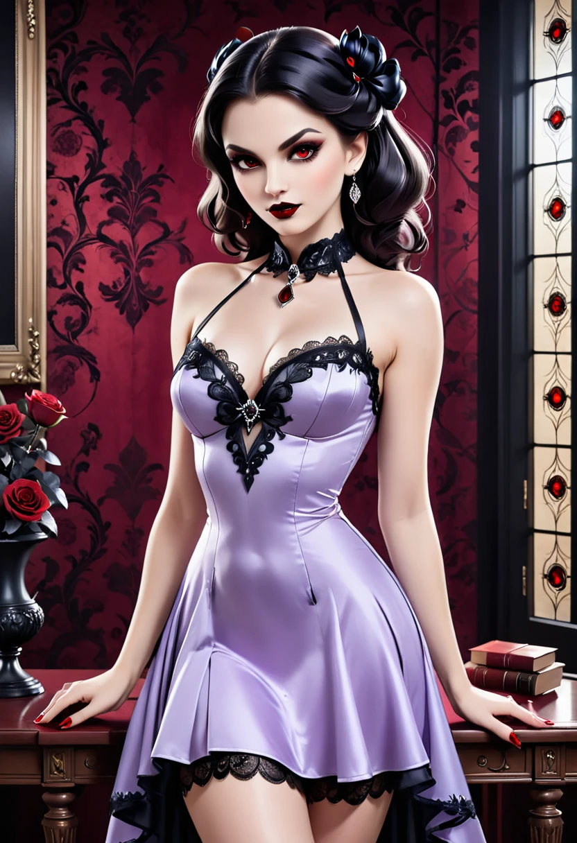 fantasy art deco (art deco: 1.5) A (black and white: 1.5) glamours (vampire: 1.5) model shot, RAW, award winning, of an exquisite beautiful 1solo female vampire, ultra feminine, full body, busty woman, most beautiful face ultra detailed face, ((long twin tails: 1.3)), pale skin, glowing (red: 1.3) eyes, wearing (lavender: 1.5) silk glamour intricate dress, wearing intricate high heels, light make up, ancient library background, (black and white filter: 1.4), (anatomically correct: 1.4), 1960s photoshoot style, picture taken from dynamic range, vibrant, Ultra-high resolution, High Contrast, (masterpiece:1.5), highest quality, Best aesthetics), best details, best quality, highres, ultra wide angle, 16k, [ultra detailed], masterpiece, best quality, (extremely detailed), Intense Gaze, dark novel, mega twintails