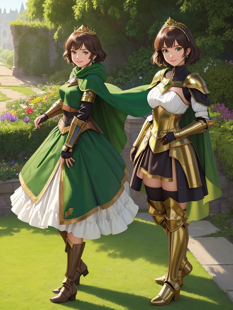 masterpiece, best quality:1.2), 1girl, smile, looking at viewer, green eyes, short brown hair, princess, armor, , pauldrons, armored dress, green cloak cape, wearing puffy blue ballgown skirt, golden tiara with green gem, armored boots, fingerless gloves, standing in medieval garden