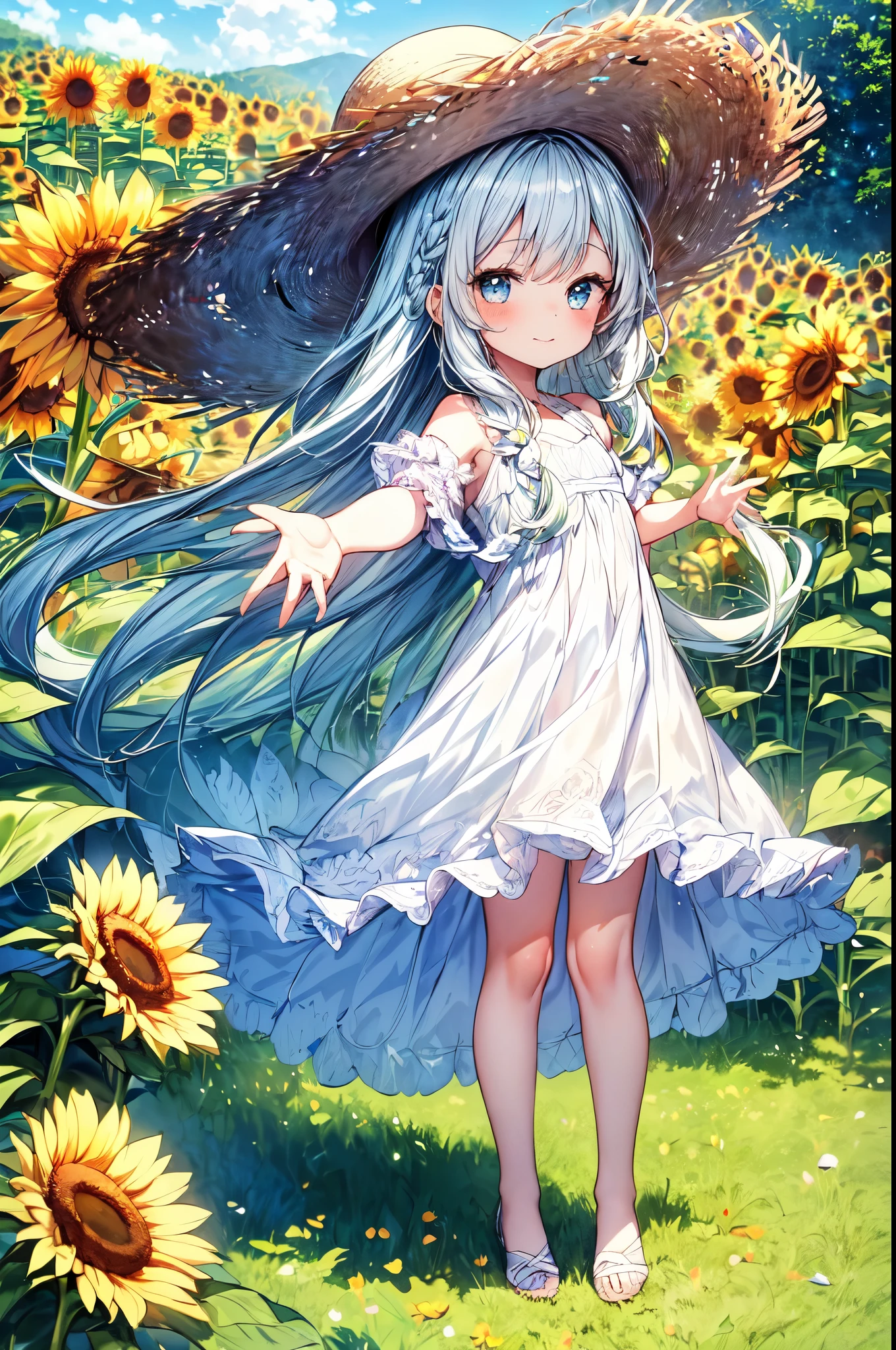 masterpiece, best quality, extremely detailed, (illustration, official art:1.1), 1 girl ,(((( light blue long hair)))), ,(((( light blue long hair)))),light blue hair, , long hair ((blush)) , cute face, big eyes, masterpiece, best quality,(((((a very delicate and beautiful girl))))),Amazing,beautiful detailed eyes,blunt bangs((((little delicate girl)))),tareme(true beautiful:1.2), sense of depth,dynamic angle,,,, affectionate smile, (true beautiful:1.2),,(tiny 1girl model:1.2),)(flat chest), (((1 girl)),1girl, (full body), early s, A field of sunflowers spreading all over、 (straw hat white one piece dress, background is sunflower field),floating dress, in the sun, A faint smile,Looking at the audience, wind, Dynamic, Strong light and shadow,Dynamic pose,,((( got his hands outstretched, )))Petals are dancing in the wind,sunflower_background,(((Illustration))), ,Opaque clothing
