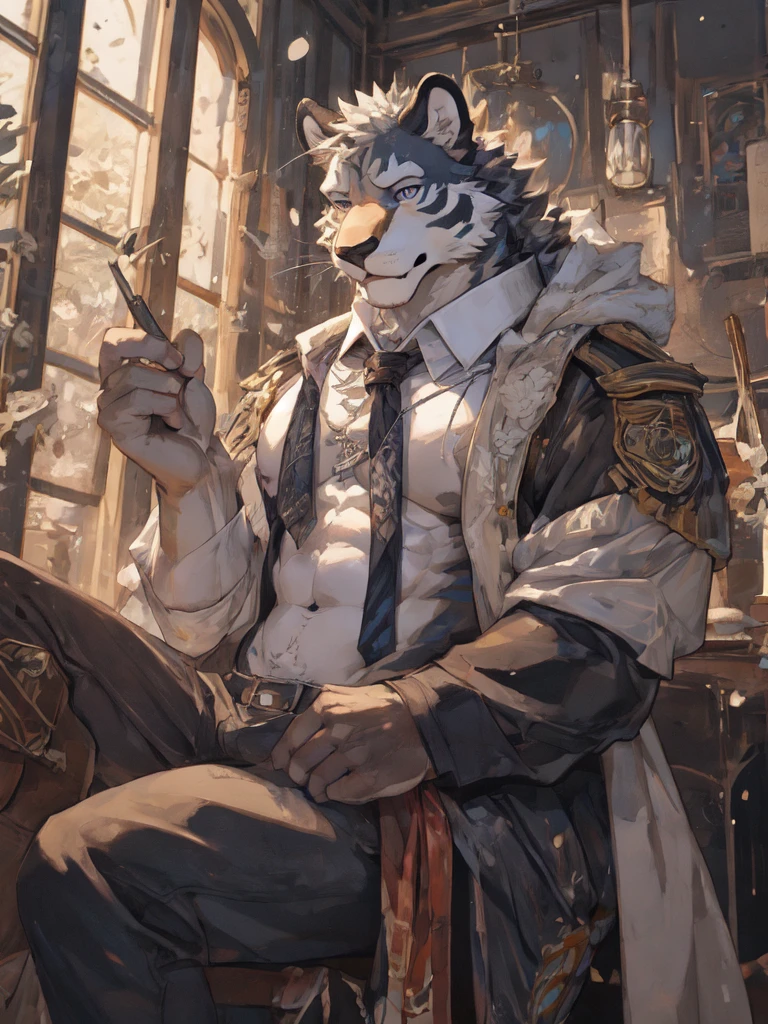 {{bara extremely handsome white tiger,}} {{white fur,}} white, wearing military like purple trench coat, purple trousers, white dress shirt and necktie, white fluffy furry body and limbs, loafers, very tall, very broad shoulders, narrow waist, muscular arms, massive pecs, purple eyes, very long legs, sitting on swivel chair with legs spread, perspective, massive bulge, reading file, sophisticated hot look, sexy pose, full body, sunlight casting over, 3/4 view, best quality, high quality, silver earring on left ear, sultry smirk
