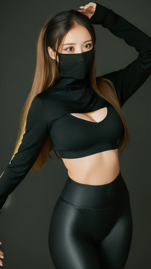 （lifelike， high - resolution：1.3），full body , 1 girl with a perfect body， Super fine face and eyes，slong hair， midriff of black colors：1.2， black shiny leggings，face veil,   big boob，Expose cleavage, ninja pose.