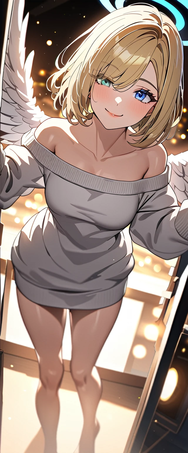 ((angel, big big white wings:1.3, halo:1.3)), (((cowboy shot))), ((flying)), archangel Uriel, ((wavy hair, outward curled hair)), evening, Sunset, ((blond hair, bob cut:1.3)), breasts, ager, (looking at viewer), oversized clothes, puffy long sleeves, collarbone, ((off-shoulder sweater dress:1.3, Quite thick shoulder straps)), (((sleeves past wrists:1.3))), ((white sweater)), collarbone, head tilt:1.3, (((blue eyes))), ((happy smile)), (((anime style))), (best quality, 4K, 8K, highres, masterpiece:1.2, ultra-detailed, ultra-detailed eyes, HDR, uhd, studio lighting, ultra-fine painting, sharp focus, physically-based rendering, extreme detail description, professional, vivid colors, bokeh), ((Highest quality, Best image quality, Ultra-high resolution, Ultra-high resolution, solo, Strong eye highlights)), Depth of written boundary, Natural soft light, attractive, Beautiful Face, Cleanliness, Pure Face, medium chest, Beautiful Face, Perfect Fingers, Perfect hands, Perfect body, Perfect Face, Shine a light into your eyes, Perfect Anatomy