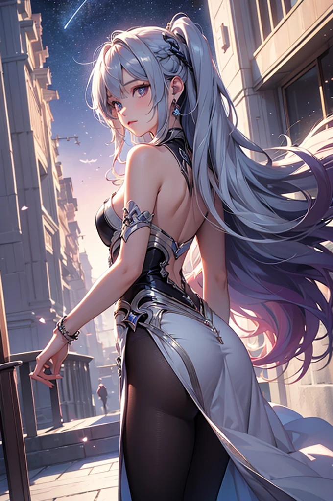 (masterpiece:1.5, Highest quality, Very detailed、 Dutch Angle、Realistic、Fantasy)(One girl, alone)(White and beautiful hair:1.4,,Straight Long Hair)(White based dress, tights、Butt)、((medium breasts))(from diagonally forward)(Beautiful starry sky、Mystical Night、Particles of light float around the woman、Fantasyな空間)Kiana Kaslana