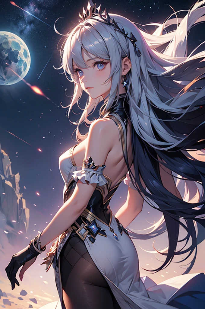 (masterpiece:1.5, Highest quality, Very detailed、 Dutch Angle、Realistic、Fantasy)(One girl, alone)(White and beautiful hair:1.4,,Straight Long Hair)(White based dress, tights、Butt)、((medium breasts))(from diagonally forward)(Beautiful starry sky、Mystical Night、Particles of light float around the woman、Fantasyな空間)Kiana Kaslana