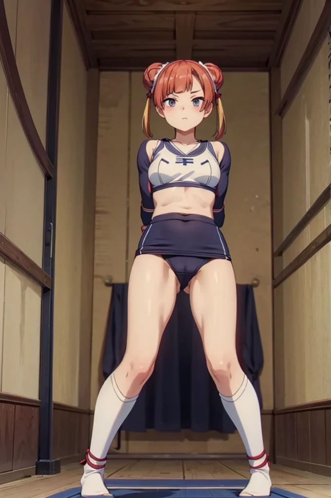 (from the front:1.5), From below, whole body, Focus Only, Beautiful 16 year old girl, Are standing,Spread your legs, basketballのユニフォーム, Bukavuka uniform,bra,bottomless, (shibari), Analog Style, (Pull your arms back), Restrained legs and arms, View your audience, (Embarrassing), School gym, basketball, indoor, (masterpiece, Highest quality:1.3)