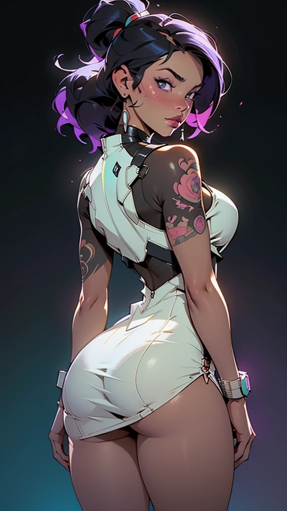 highly detailed portrait of 2 tatooed women, one black woman in a mini-dress and one Caucasian woman in a mini-dress, 2girls, by Atey ghailan, by greg rutkowski, by greg tocchini, by James gilleard, by Joe Fenton, by Kaethe butcher, voluptuous, super detailed face, ample curvaceous, highly detailed accentuated big booty with phenomenal detailed booty cheeks, great aesthetics, gradient purple, neon color scheme, grunge aesthetics, nightclub background, cinematic lighting, 32k, uhd,