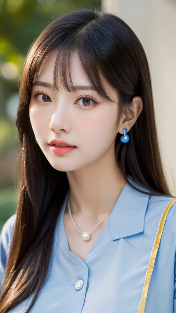 1 Girl, National Foundation, ((8K, born, masterpiece: 1.5)), (Professional photography, sharp:1.2), Perfect dynamic composition, (Natural sunlight), (Soft Shadows), (Perfect body:1.4), (((Thin body type))), ((Huge round breasts: 1.35)), (((((Medium Long Hair,bangs))))), Highly detailed face and skin, The perfect Asian, White skin, (Delicate skin:1.4), (Latex Skin:0.4), (Perfect glowing skin:0.6), Light brown eyes, Beautiful Eyes, Round eyes, Pretty face, blush, Glossy Lips, ((Fuller lips)), Sparkling Eyes, Really moisturized skin, looking at the camera, Elegant pearl necklace, Elegant earrings, Minimalist, (((Blue nurse uniform))) 