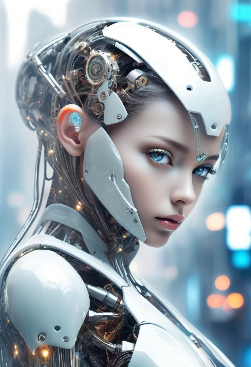 Translucent ethereal mechanical girl，Futuristic girl，Mechanical jointecha-girl，futuristic urban background