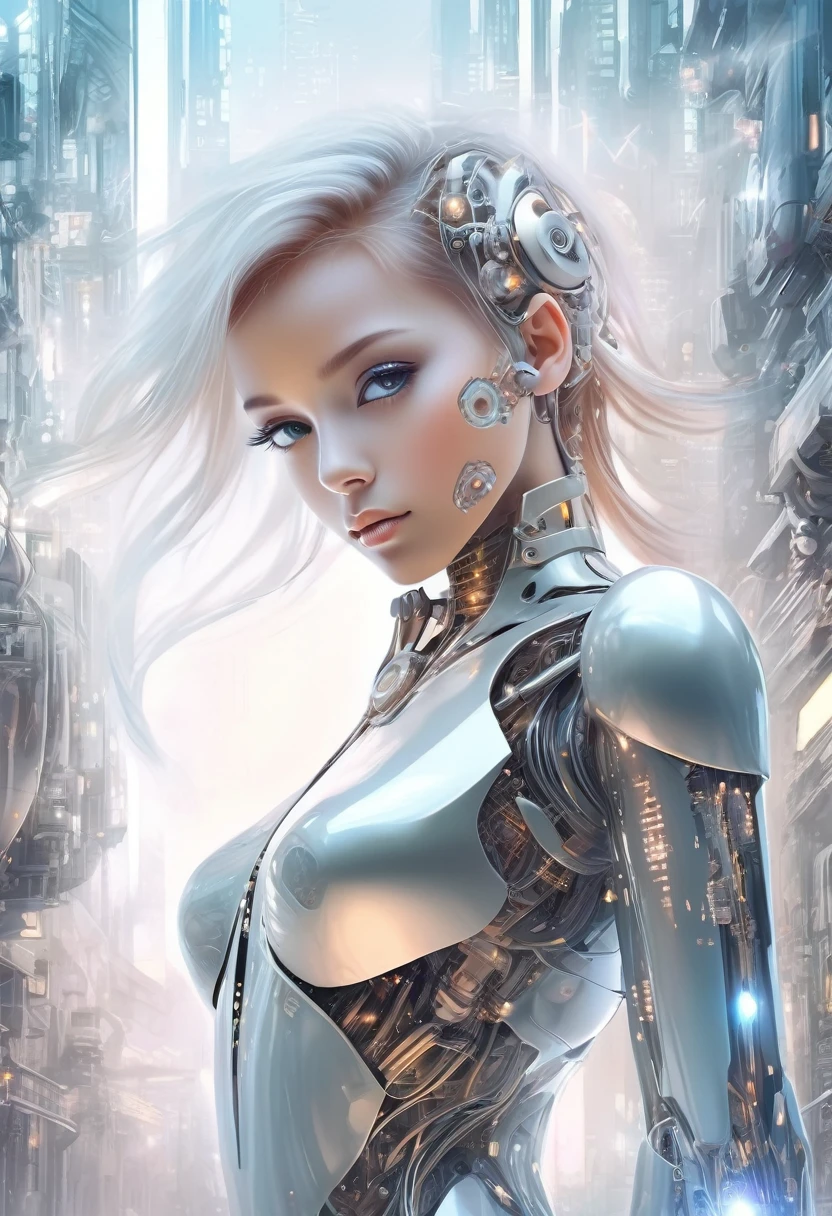 Translucent ethereal mechanical girl,Futuristic girl,Mechanical jointecha-girl,futuristic urban background