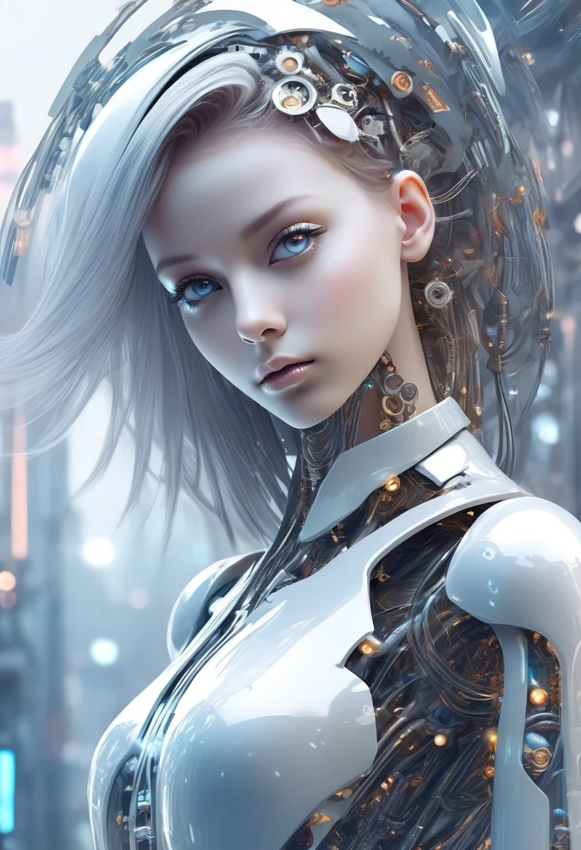 Translucent ethereal mechanical girl，Futuristic girl，Mechanical jointecha-girl，futuristic urban background