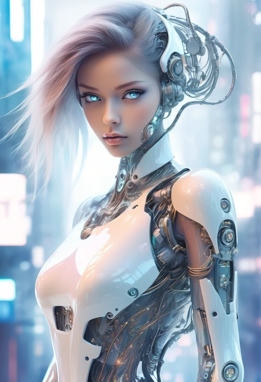 Translucent ethereal mechanical girl,Futuristic girl,Mechanical jointecha-girl,futuristic urban background