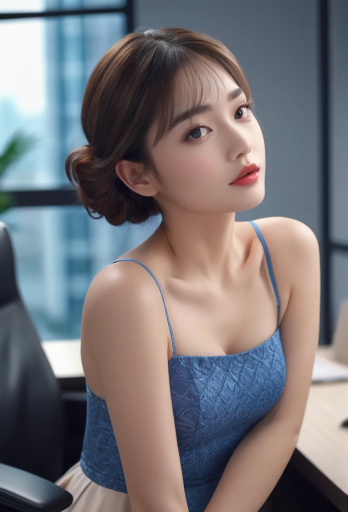 a beautiful girl in sexy clothes, kissing a man in an office room, high-quality, photorealistic, 8k, ultra-detailed, extremely detailed facial features, beautiful blue eyes, plump lips, delicate skin, elegant hairstyle, tight fitting dress, passionate embrace, office desk and chair in background, warm lighting, intricate details, cinematic composition, dramatic lighting, vibrant colors