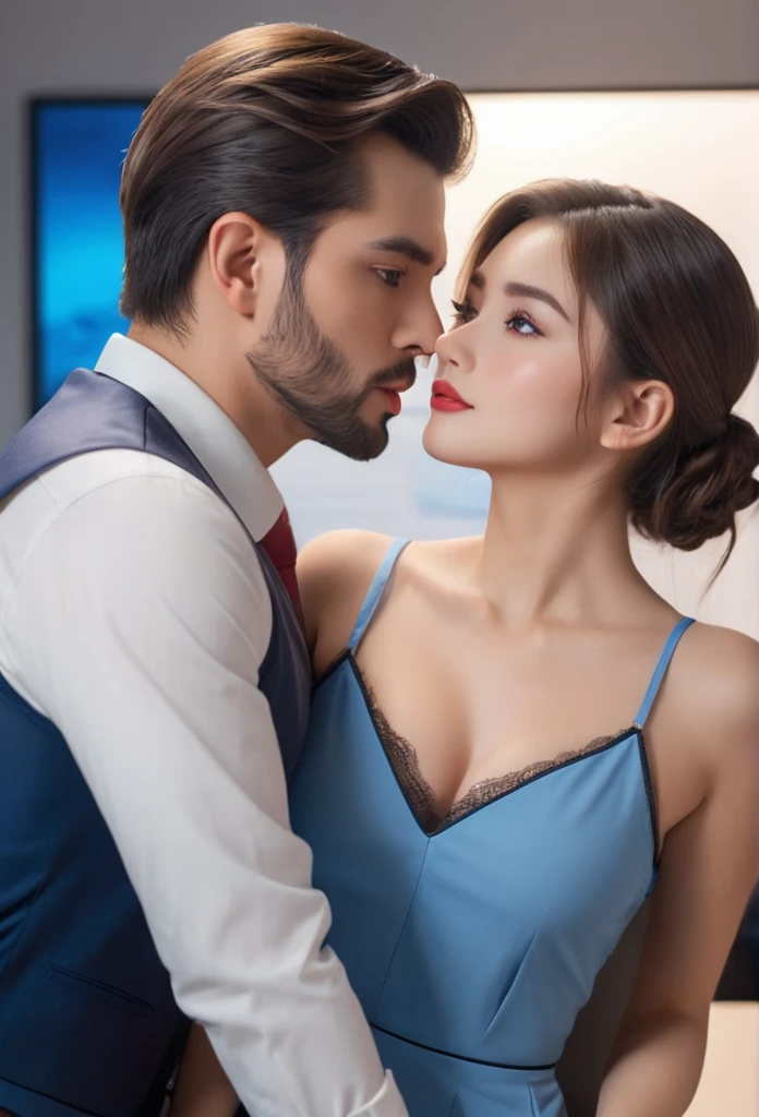 a beautiful girl in sexy clothes, kissing a man in an office room, high-quality, photorealistic, 8k, ultra-detailed, extremely detailed facial features, beautiful blue eyes, plump lips, delicate skin, elegant hairstyle, tight fitting dress, passionate embrace, office desk and chair in background, warm lighting, intricate details, cinematic composition, dramatic lighting, vibrant colors
