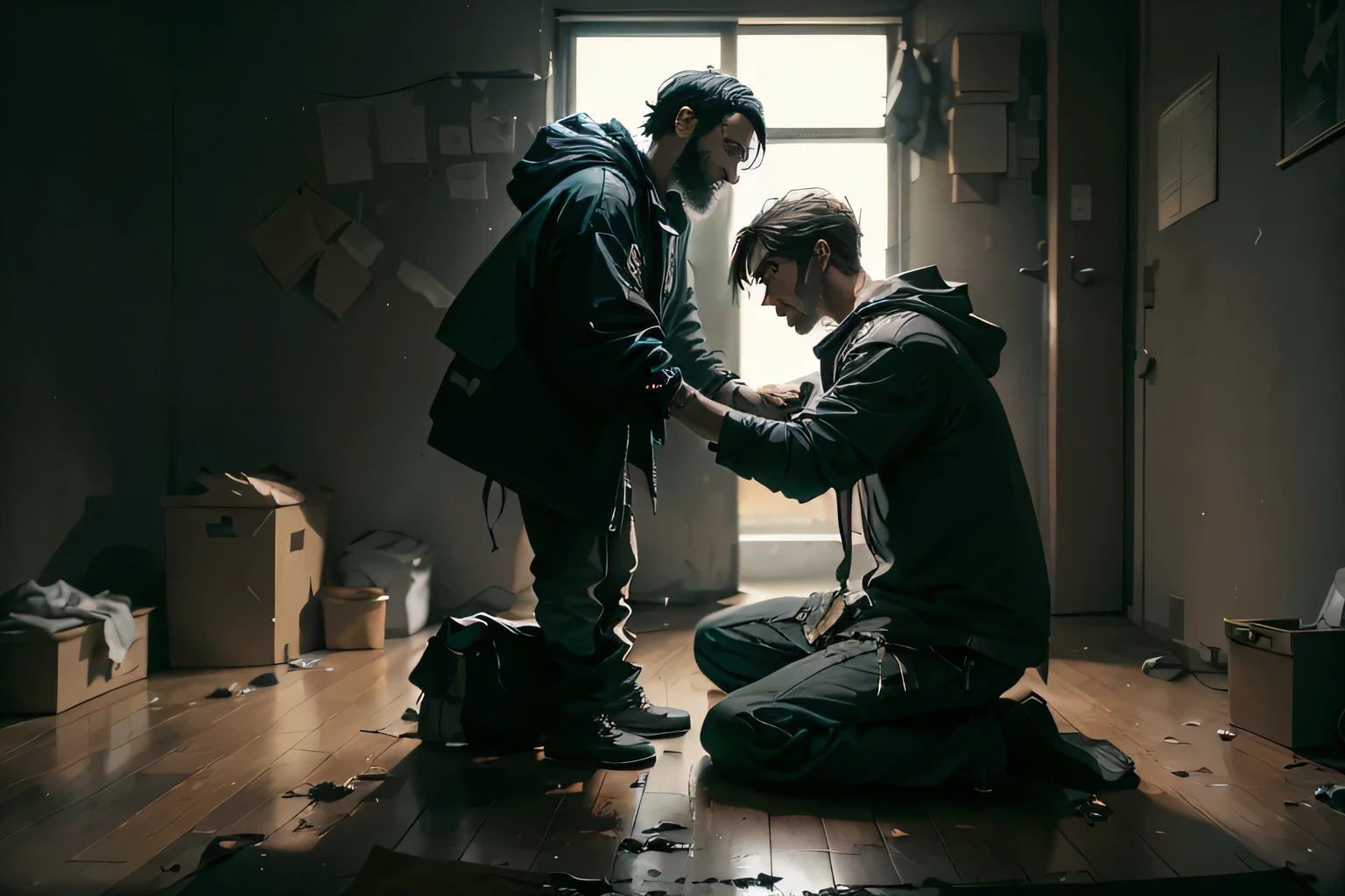 two men, the first is standing, the first is standing in front of the second man, extending his hand to the second, offering help to the man who is sitting on the floor. The man who is standing is positioned in profile to the observer, extending his hand and offering help to the second man who is sitting on the floor. the man standing is young. the man standing has no beard, a beardless face. The man who is sitting on the floor is a homeless man, with a beard, gray beard, wearing layers of overlapping clothes, man sitting (very dirty clothes), the second man, who is sitting, is also in profile for the observers of the image , work of art, high contrast image, high definition image, cinematic image, stunning image, image with black background.
