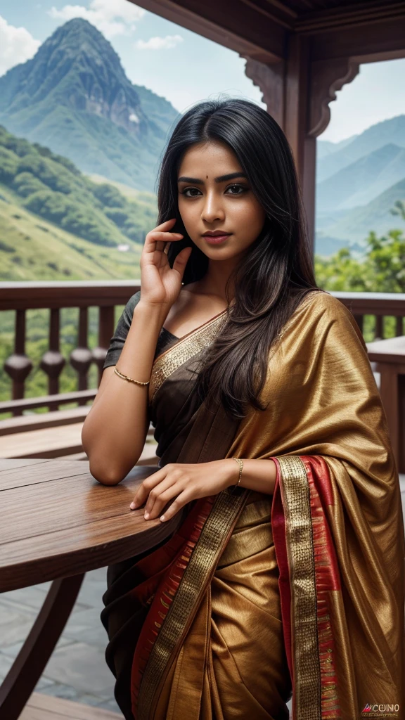 ultra-realistic photographs,Bangladeshi Instagram female model,mid 20s,9:16,mid-shot,beautiful detailed eyes,detailed lips,longeyelashes,black stylish hair, naturally full eyebrows,perfectly formed nose,expressive face,attractive appearance,candid photo,vibrant and colorful saree dress, heavily embroidered dress, mountain background, serene atmosphere,stunning architecture,soft and natural lighting,vivid colors,photorealistic,HDR,highres,studio lighting,ultra-detailed,bokeh