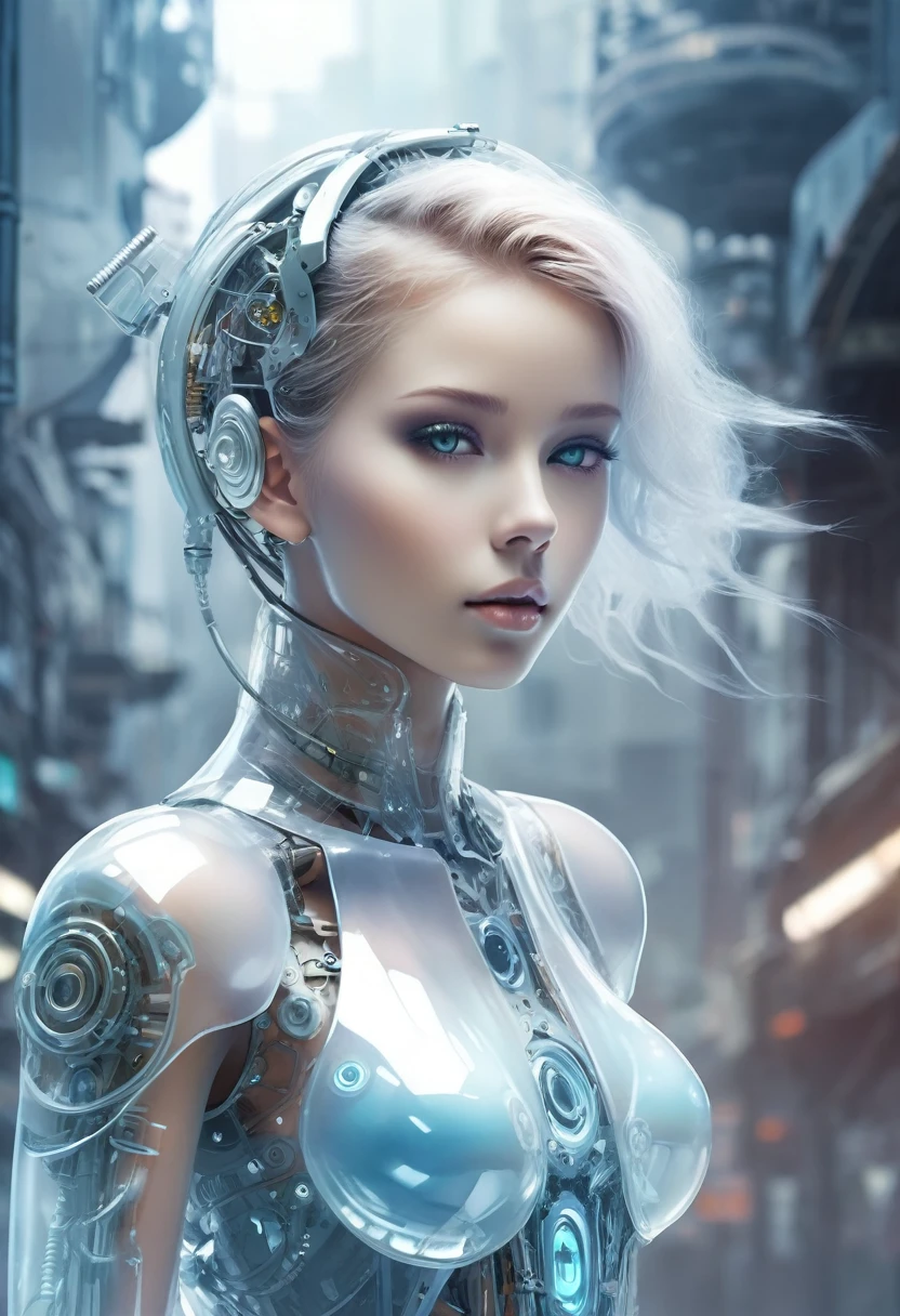 Translucent ethereal mechanical girl，Futuristic girl，Mechanical jointecha-girl，futuristic urban background